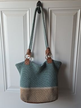 Croft & Barrow Seafoam Green and Tan Braided-Handle Woven Shoulder Tote